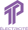 Logo violet de TP Électricité, symbole de professionnalisme et d’expertise en électricité.